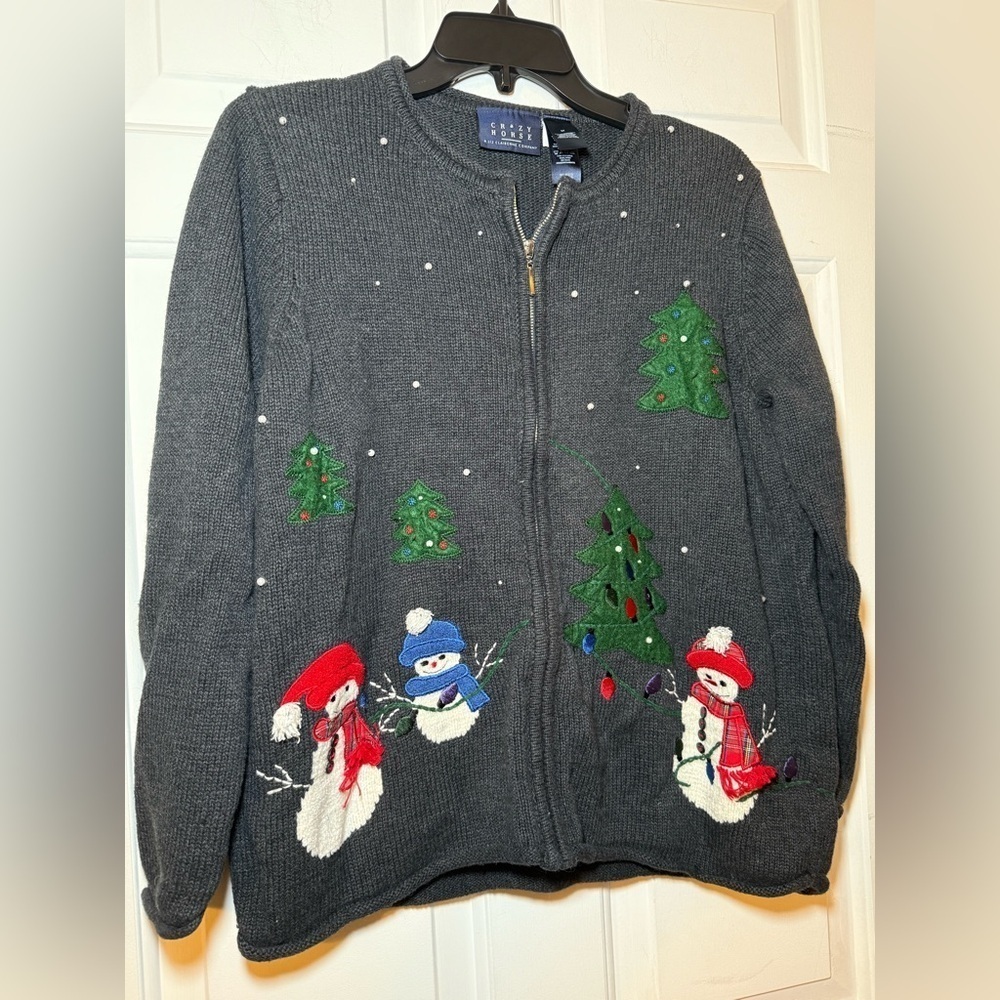 Crazy Horse Christmas Full Zip Sweater Pearl Snow Embroidered Snowmen Medium